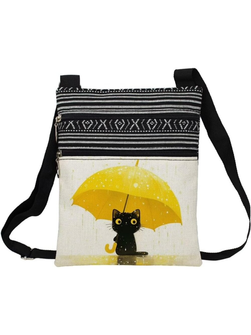 Women Yellow Umbrella Cat Cute Kitten Purse Lover Gift Zipper Crossbody Bag